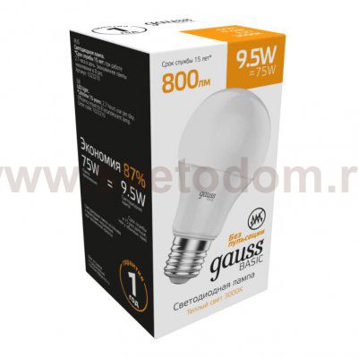 Лампа Gauss Basic A60 9,5W 800lm 3000K Е27 LED (1023210)