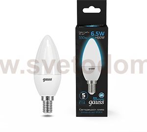 Лампа Gauss Свеча 6.5W 550lm 6500К E14 LED
