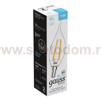 Лампа Gauss Basic Filament Свеча на ветру 4,5W 420lm 4100К Е14 LED (1041125)