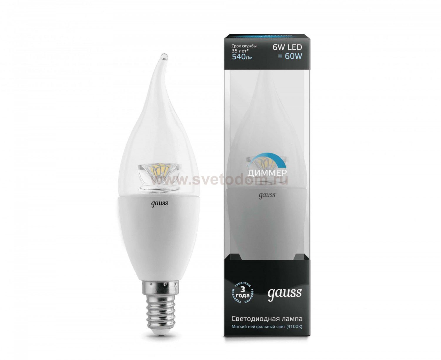 Лампа Gauss LED Candle Tailed-dim Crystal Clear E14 6W 4100K диммируемая (104201206)