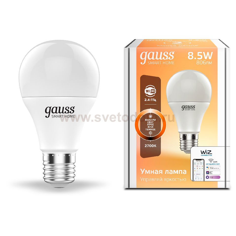 Лампа Gauss Smart Home A60 8,5W 806lm 2700К E27 диммируемая LED (1050112)