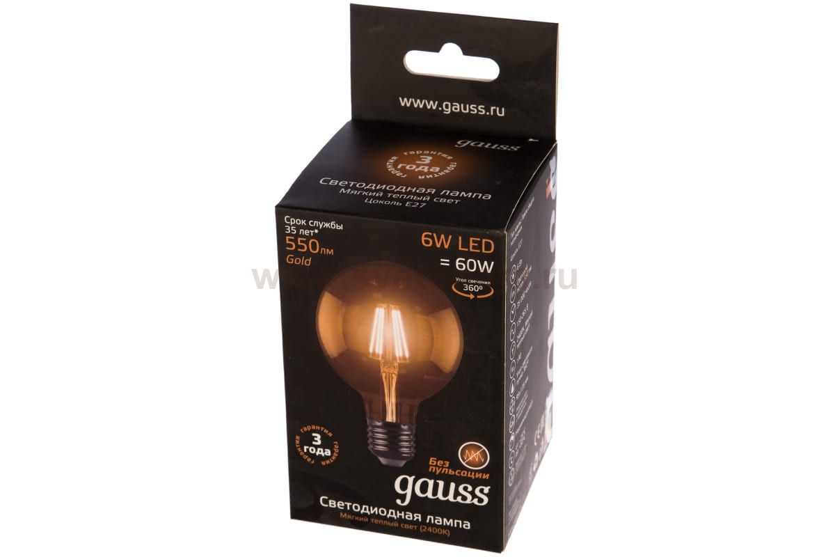 Лампа Gauss Filament G95 6W 620lm 2400К Е27 golden диммируемая LED (105802006-D)