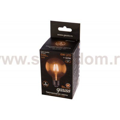Лампа Gauss Filament G95 6W 620lm 2400К Е27 golden диммируемая LED (105802006-D)