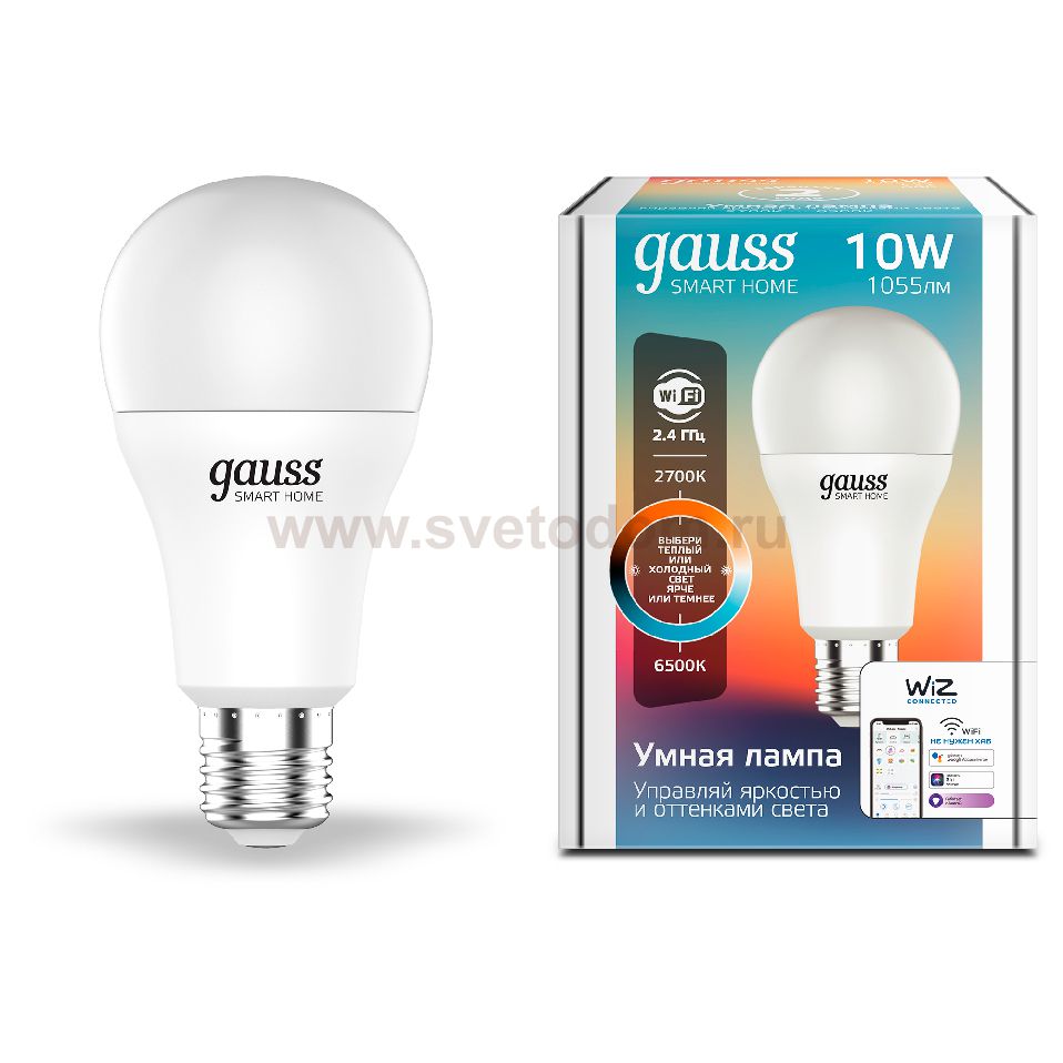 Лампа Gauss Smart Home A60 10W 1055lm 2700-6500К E27 изм.цвет.темп.+диммирование LED (1080112)