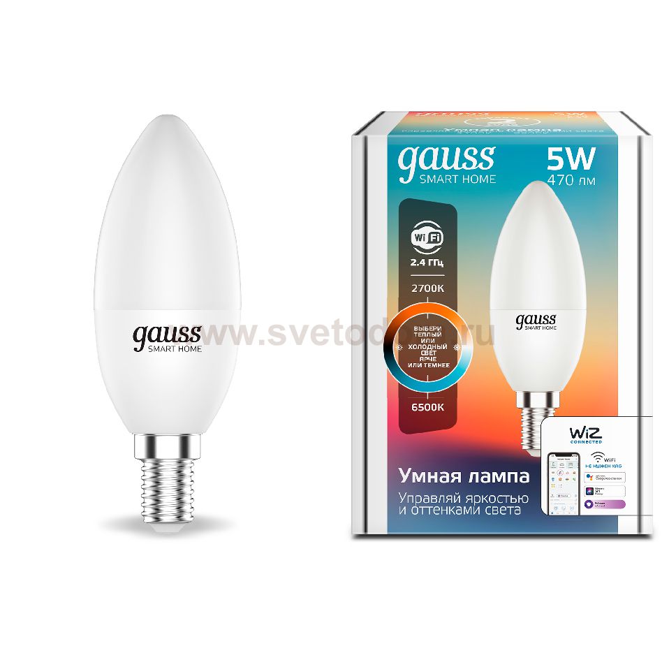 Лампа Gauss Smart Home С37 5W 470lm 2700-6500К Е14 изм.цвет.темп.+диммирование LED (1110112)