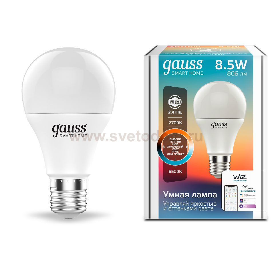 Лампа Gauss Smart Home A60 8,5W 806lm 2700-6500К E27 изм.цвет.темп.+диммирование LED (1130112)