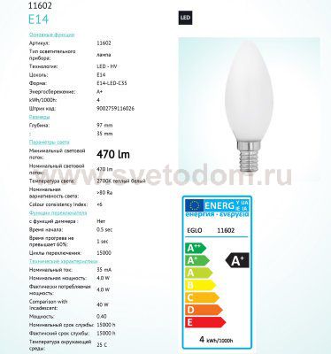 Лампа светодиодная филаментная "Милки" свеча Eglo 11602