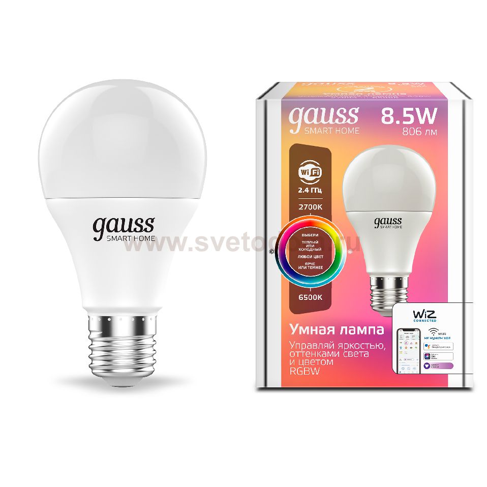 Лампа Gauss Smart Home A60 8,5W 806lm 2700-6500К E27 RGBW+изм.цвет.темп.+диммирование LED (1170112)