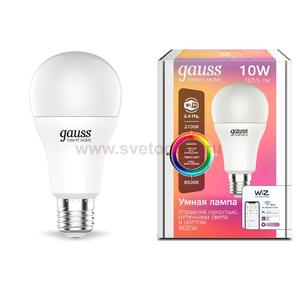 Лампа Gauss Smart Home A60 10W 1055lm 2700-6500К E27 RGBW+изм.цвет.темп.+диммирование LED (1180112)