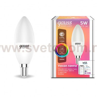 Лампа Gauss Smart Home С37 5W 470lm 2700-6500К Е14 RGBW+изм.цвет.темп.+диммирование LED (1190112)