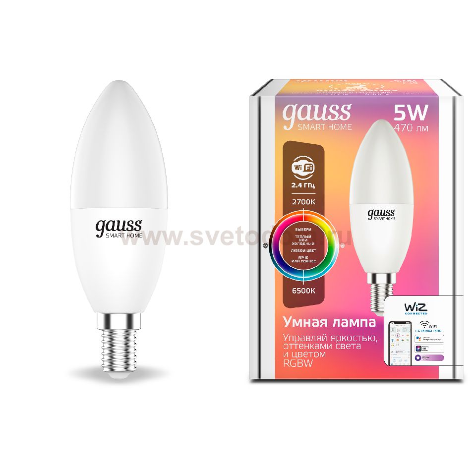 Лампа Gauss Smart Home С37 5W 470lm 2700-6500К Е14 RGBW+изм.цвет.темп.+диммирование LED (1190112)