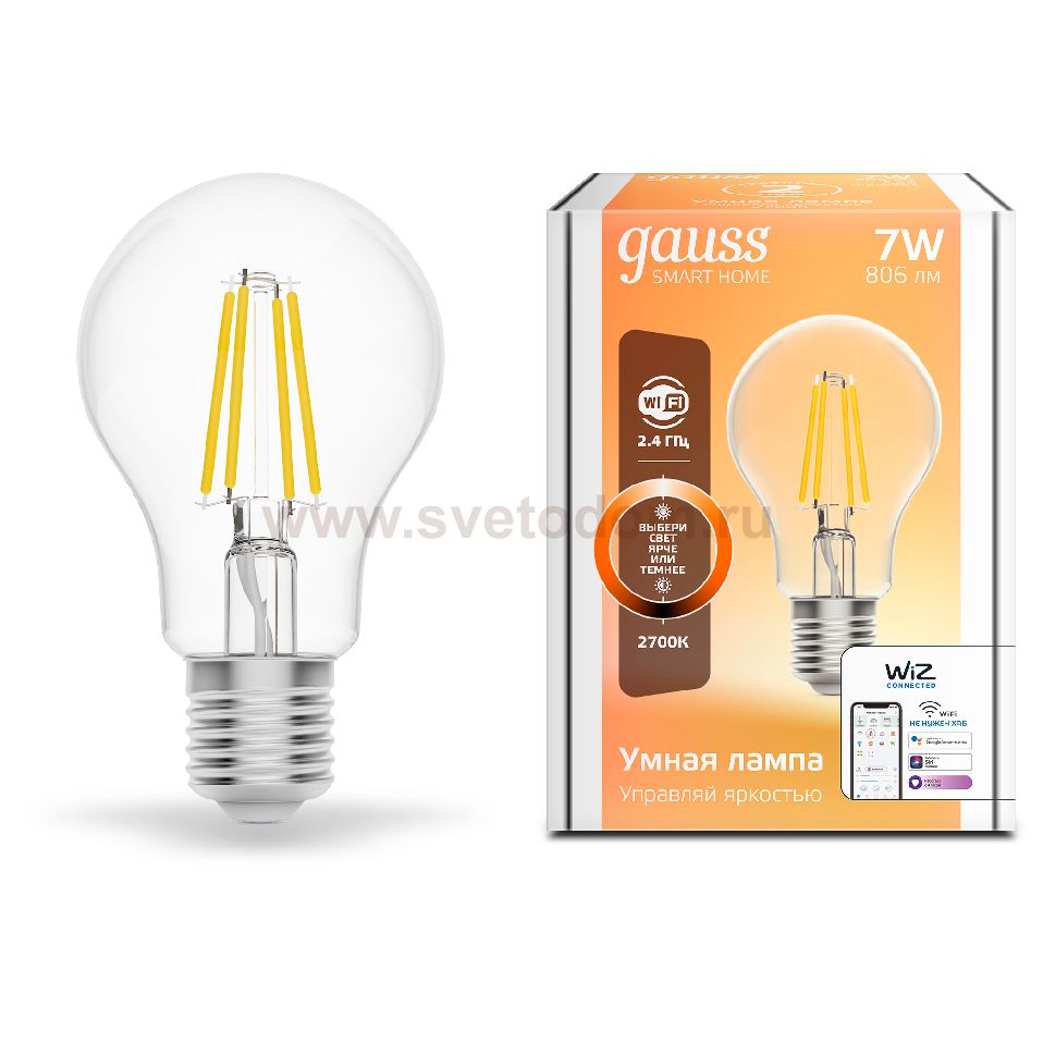 Лампа Gauss Smart Home Filament А60 7W 806lm 2700К E27 диммируемая LED (1200112)