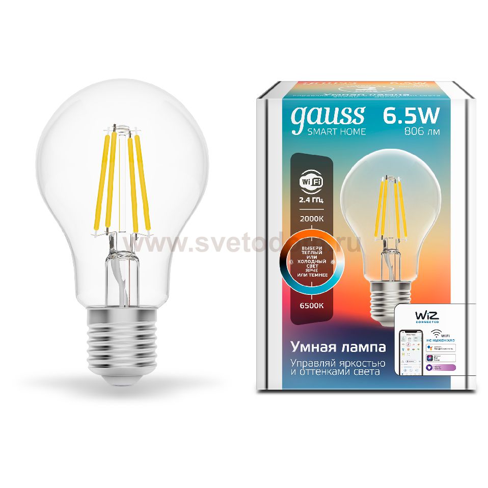 Лампа Gauss Smart Home Filament А60 6,5W 806lm 2000-6500К E27 изм.цвет.темп.+дим. LED (1220112)