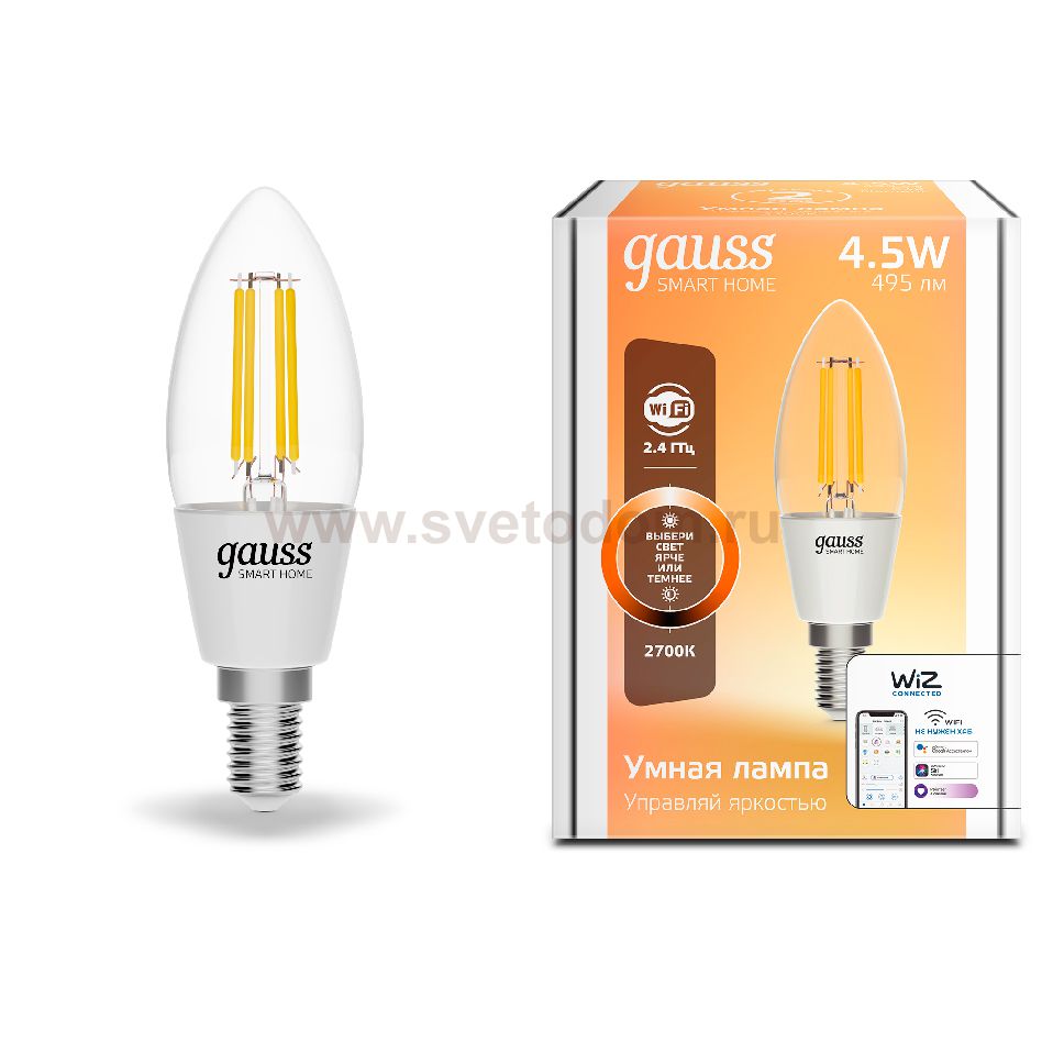 Лампа Gauss Smart Home Filament С35 4,5W 495lm 2700К E14 диммируемая LED (1230112)