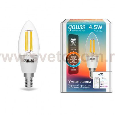 Лампа Gauss Smart Home Filament С35 4,5W 495lm 2000-6500К E14 изм.цвет.темп.+дим. LED (1250112)