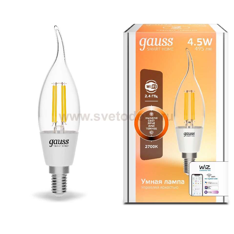 Лампа Gauss Smart Home Filament СF35 4,5W 495lm 2700К E14 диммируемая LED (1260112)