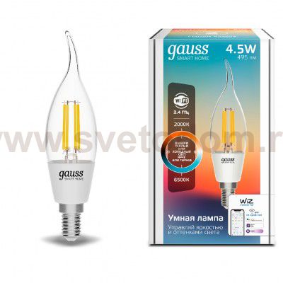 Лампа Gauss Smart Home Filament СF35 4,5W 495lm 2000-6500К E14 изм.цвет.темп.+дим. LED (1280112)