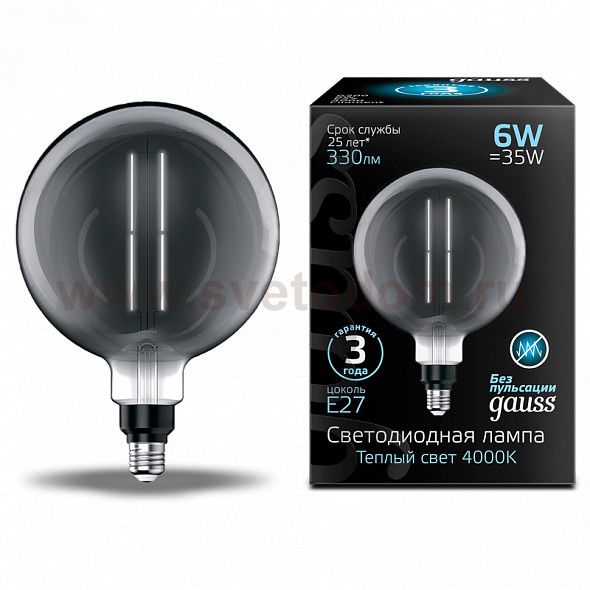 Лампа Gauss Filament G200 6W 330lm 4000К Е27 gray straight LED (154802205)