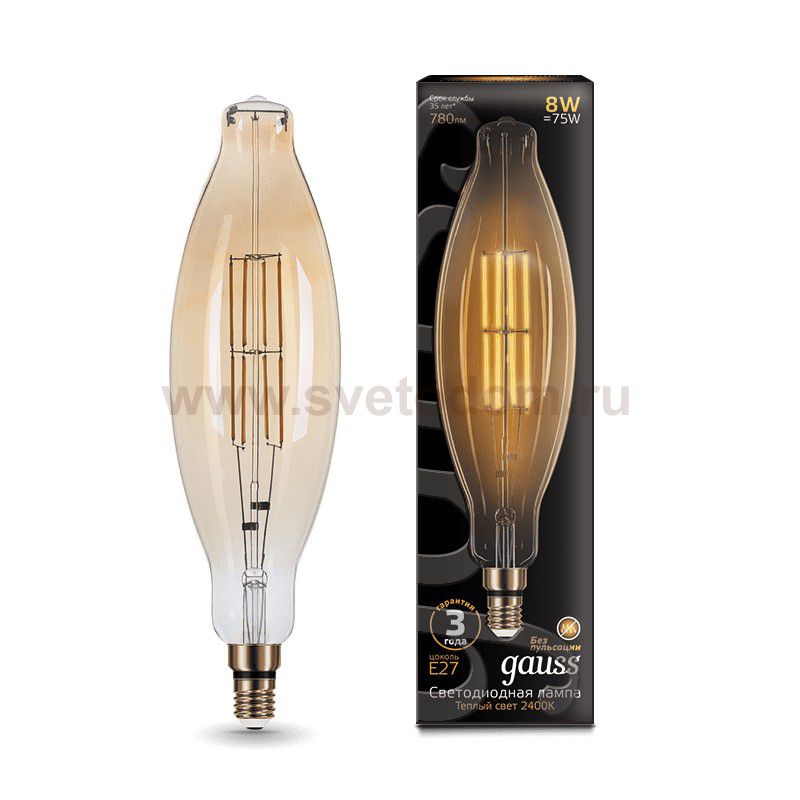 Лампа Gauss Filament BT120 6W 780lm 2400К Е27 golden straight LED (155802008)
