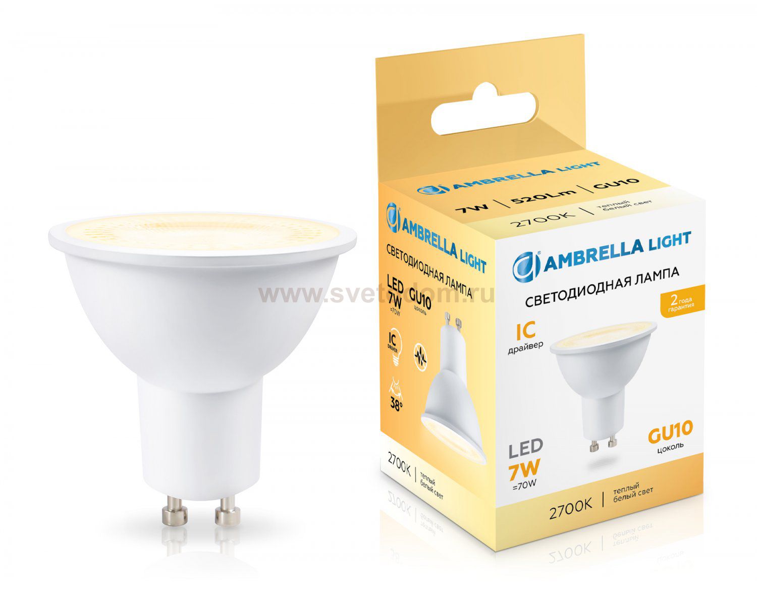Светодиодная лампа Lens 38° MR16 7W 2700K Ambrella 190713 LED MR16 7W IC GU10 2700K 175-265V 38°