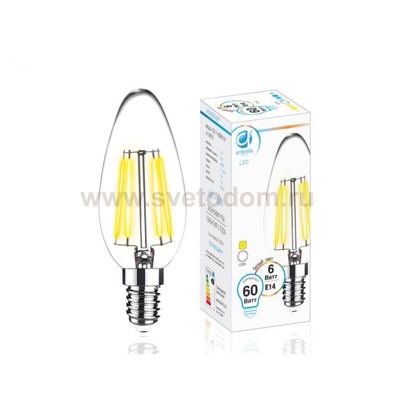 Лампа светопрозрачная Ambrella Filament LED C37-F 6W E14 3000K (60W) BULBING