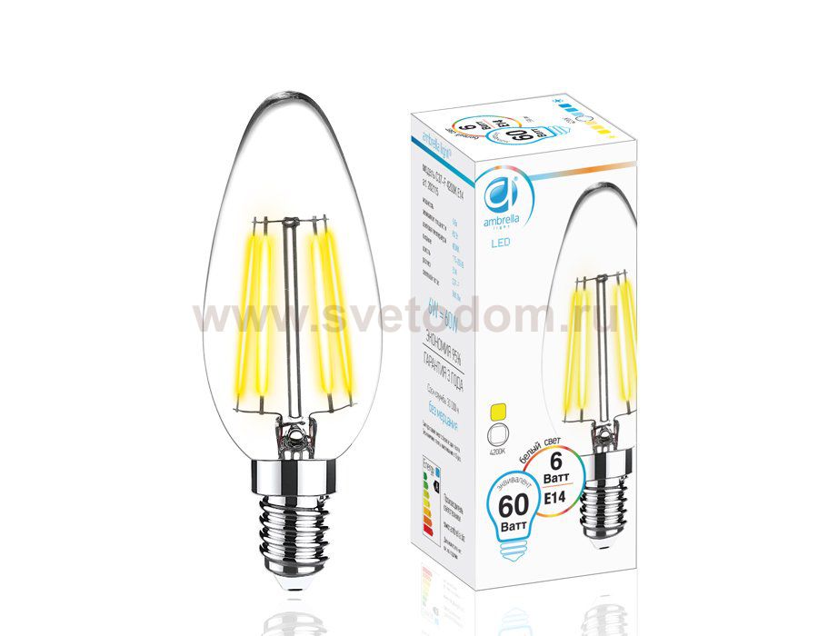 Лампа светопрозрачная Ambrella Filament LED C37-F 6W E14 4200K (60W) 220-240V BULBING