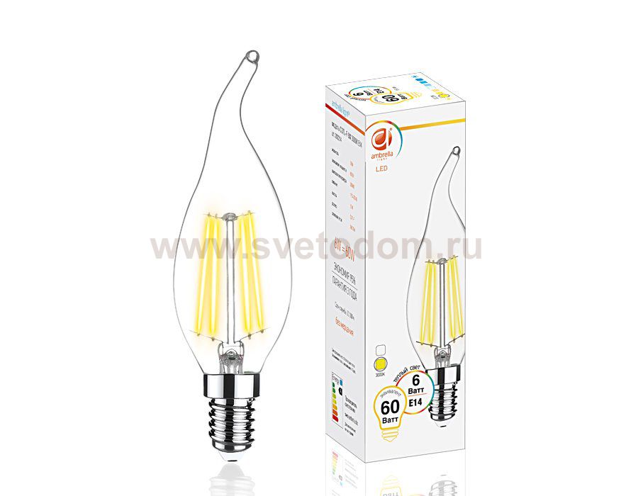 Лампа светопрозрачная Ambrella Filament LED C37L-F 6W E14 3000K (60W) BULBING