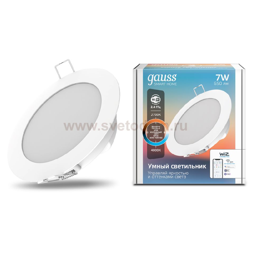 Свет-ик даунлайт Gauss Smart Home 7W 650lm 2700-4000К 220-240V IP20 105*35мм изм.цв.тем+дим LED (2030122)