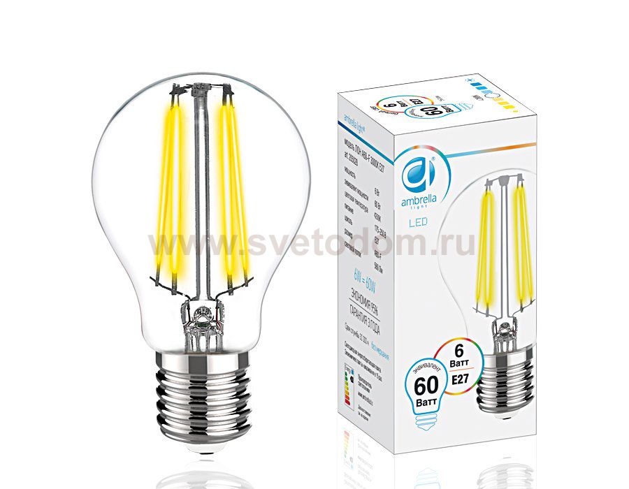 Лампа светопрозрачная Ambrella Filament LED A60-F 6W E27 4200K (60W) FILAMENT