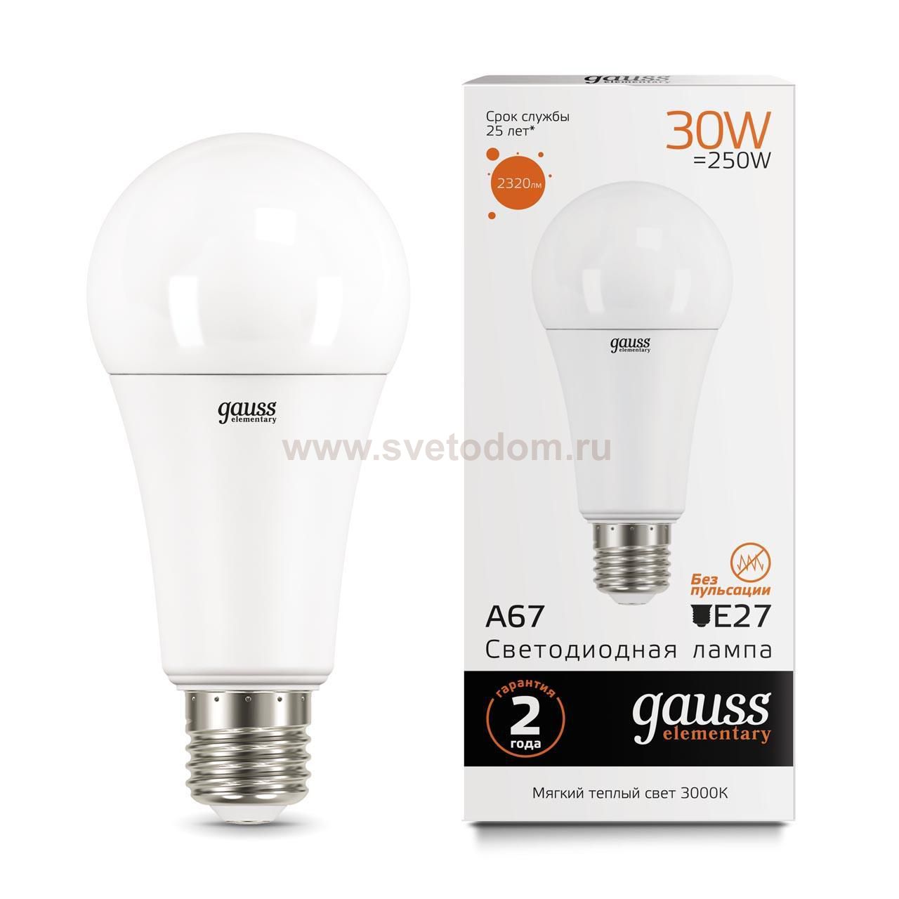 Лампа Gauss LED Elementary A67 30W E27 2320lm 3000K (73219)