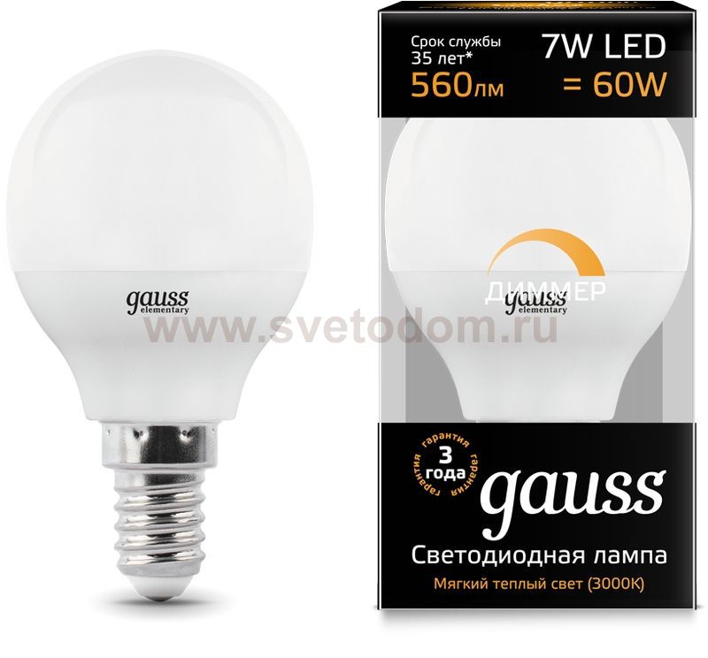 Лампа Gauss LED Шар-dim E14 7W 560lm 3000К диммируемая (105101107-D)