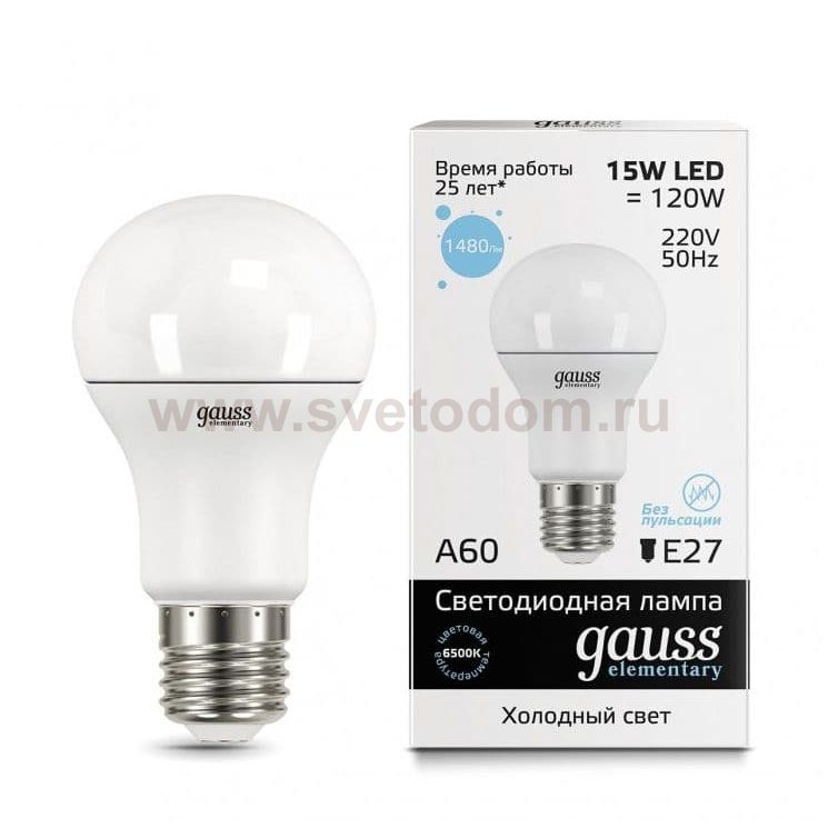 Лампа Gauss LED Elementary A60 15W E27 1480lm 6500K (23235)