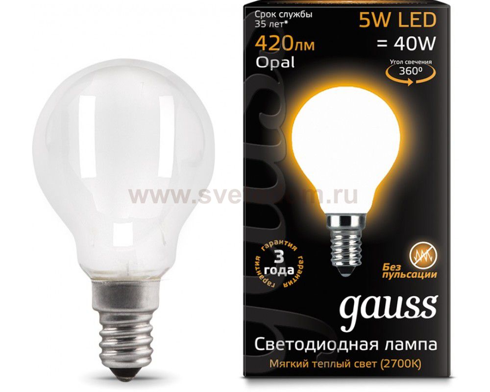Лампа Gauss LED Filament Шар OPAL E14 5W 420lm 2700K (105201105)