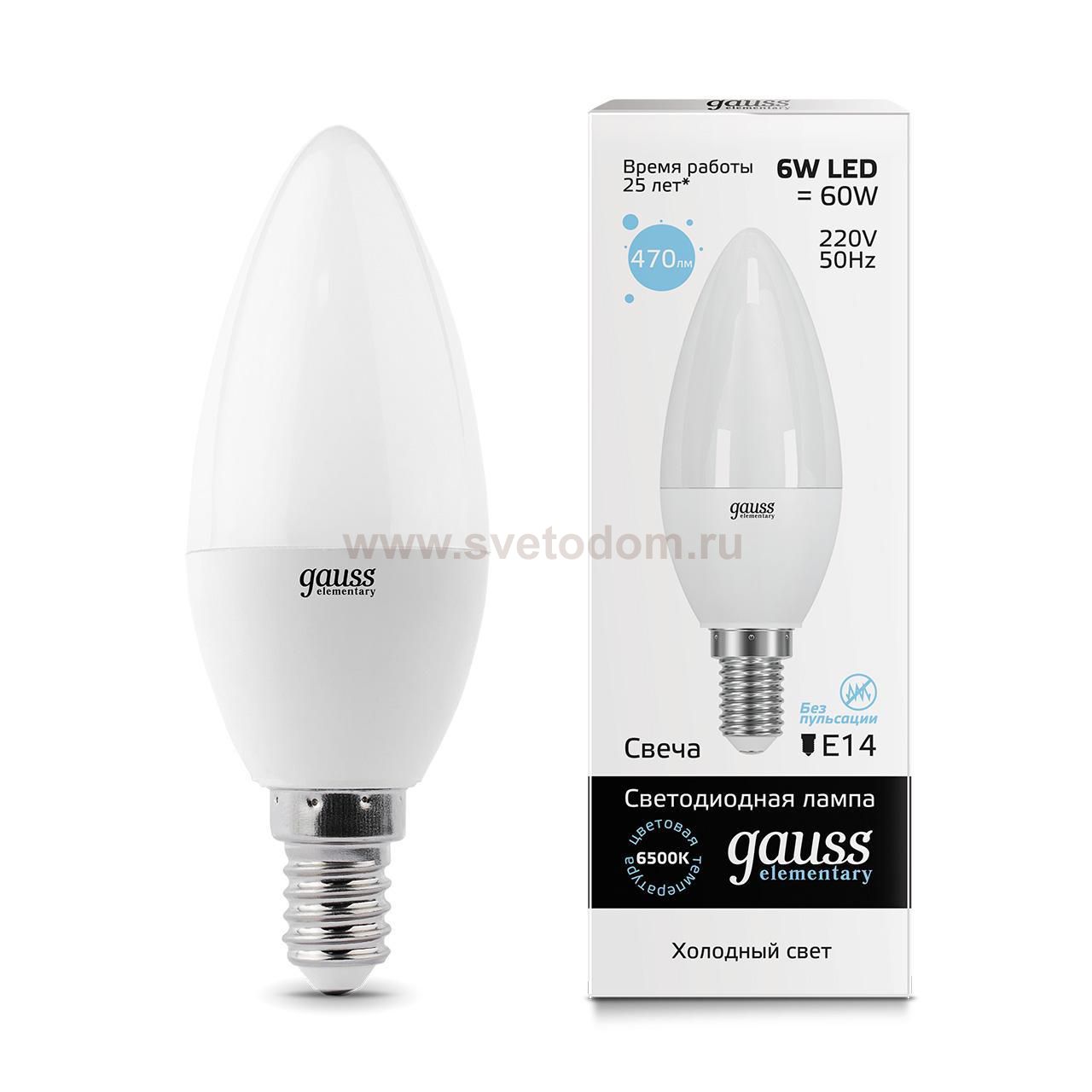 Лампа Gauss LED Elementary Свеча 6W E14 470lm 6500K (33136)