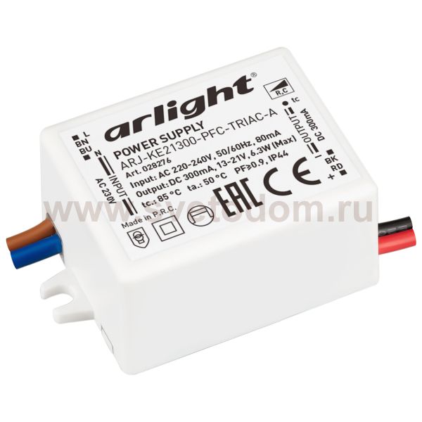 Блок питания ARJ-KE21300-PFC-TRIAC-A (6.3W, 300mA) (Arlight, IP44 Пластик, 5 лет) Arlight 28276