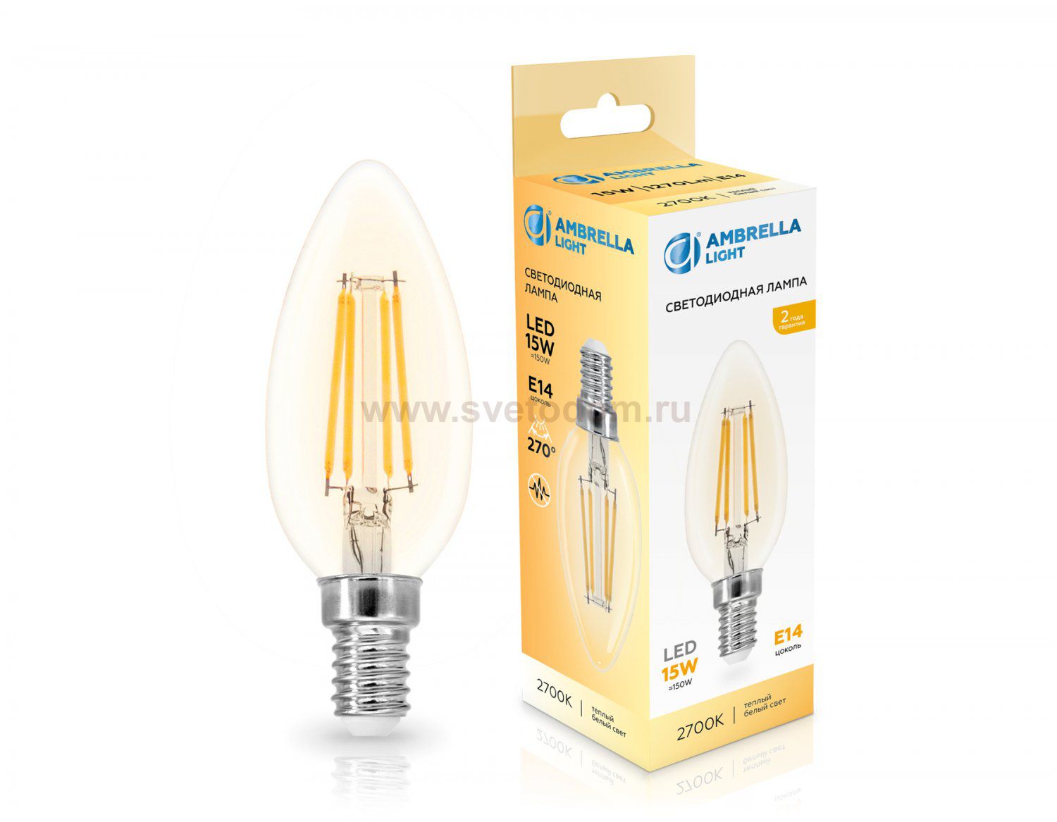Лампа светодиодная Свеча C35 15W 2700K Ambrella 351513 Filament LED C35 15W E14 2700K 220-240V