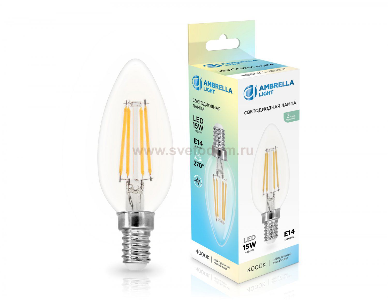 Лампа светодиодная Свеча C35 15W 4000K Ambrella 351514 Filament LED C35 15W E14 4000K 220-240V