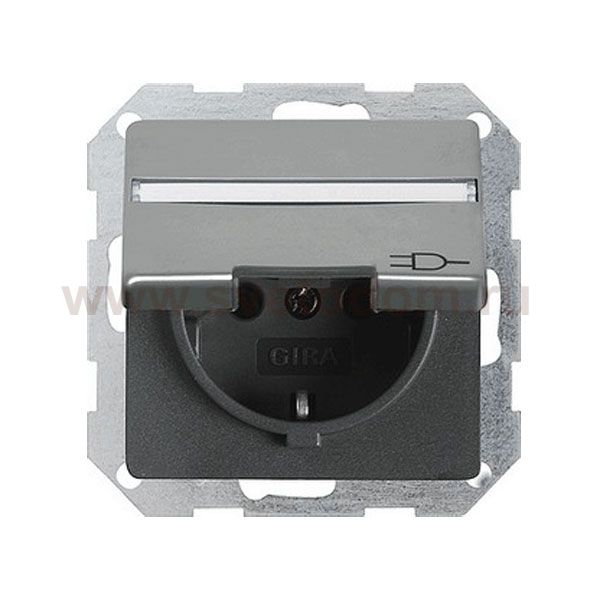Gira E22 Сталь Розетка с/з с крышкой и полем для надписи (G41020)