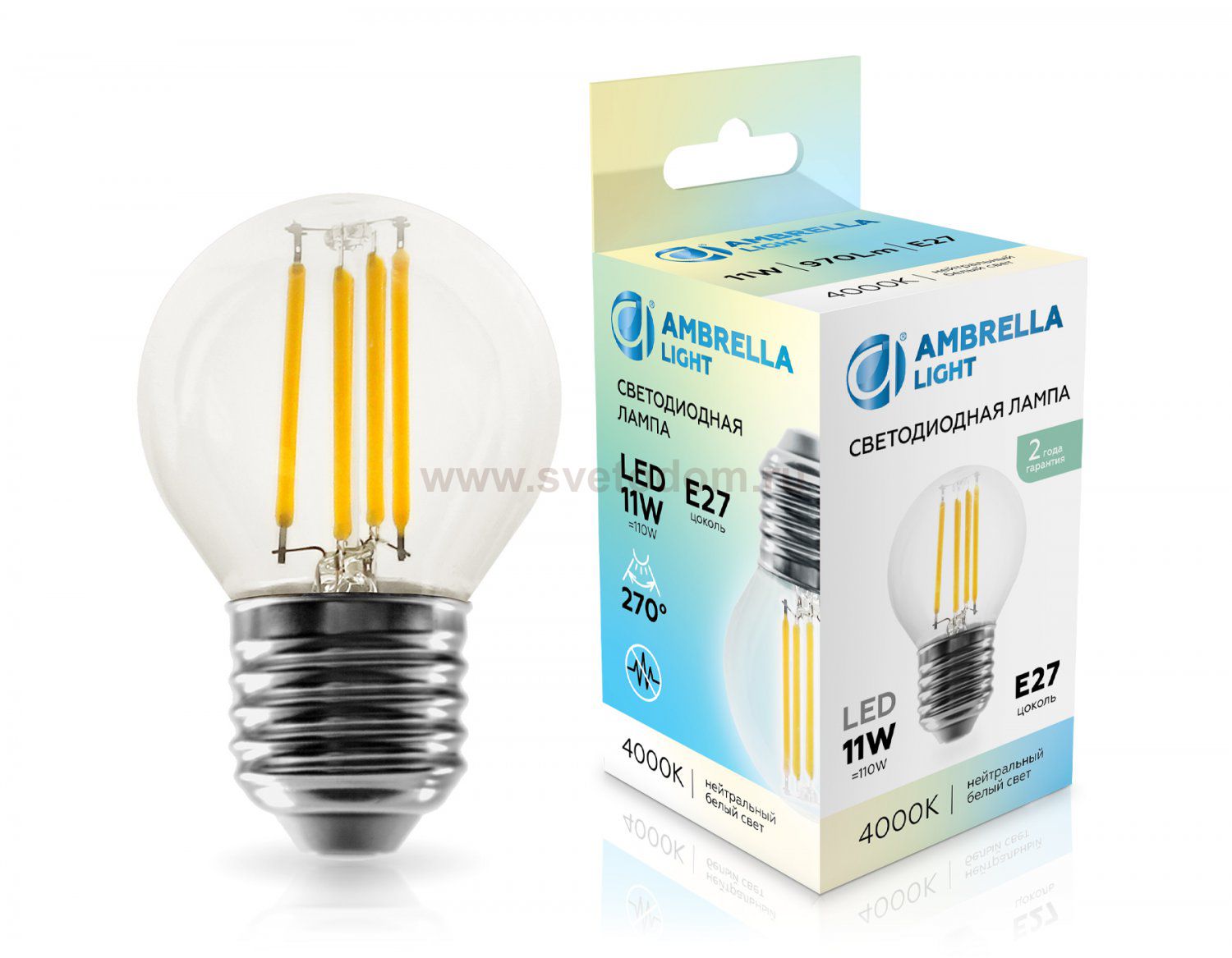 Лампа светодиодная Шар G45 11W 4000K Ambrella 451124 Filament LED G45 11W E27 4000K 220-240V