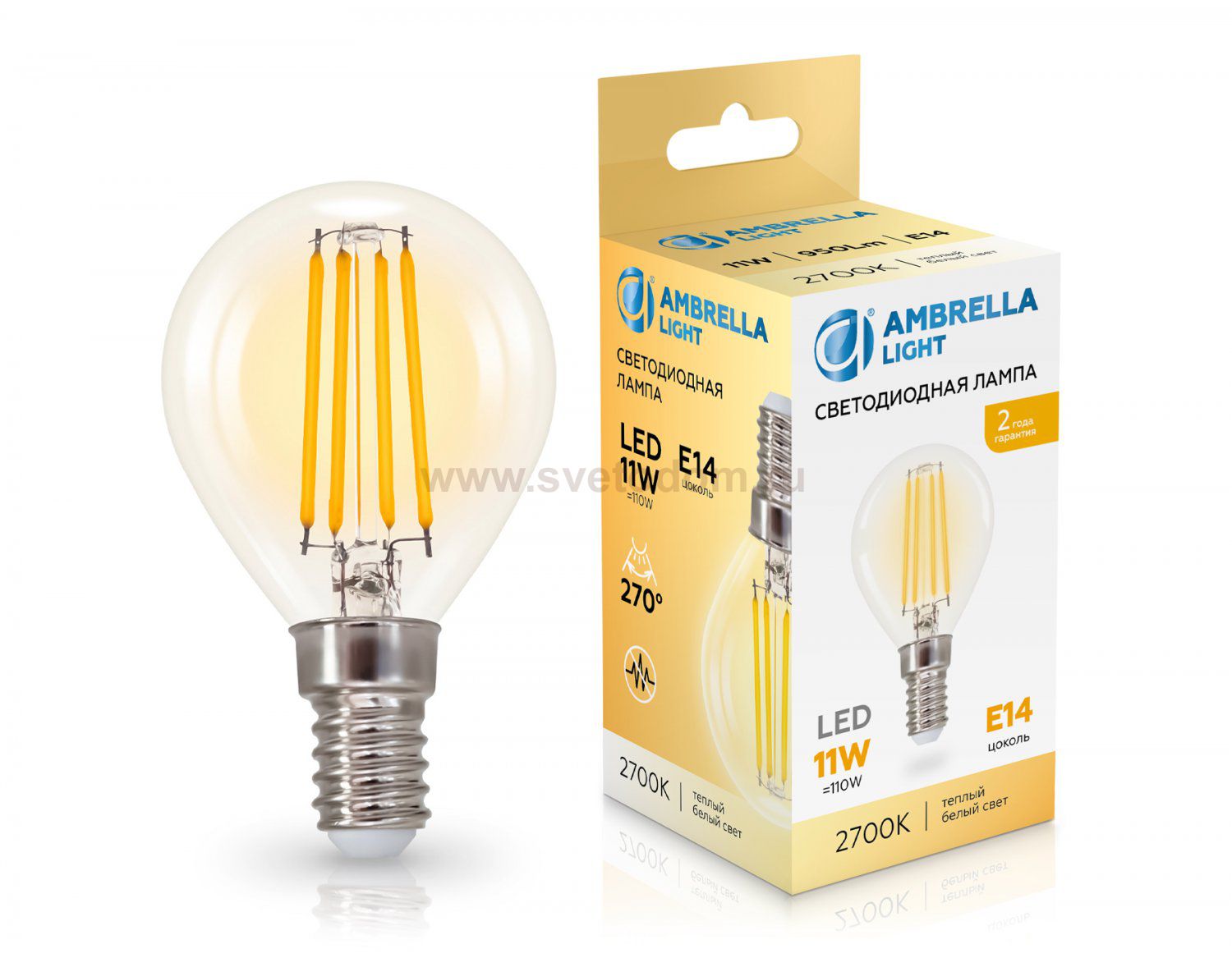 Лампа светодиодная Шар P45 11W 2700K Ambrella 451133 Filament LED P45 11W E14 2700K 220-240V