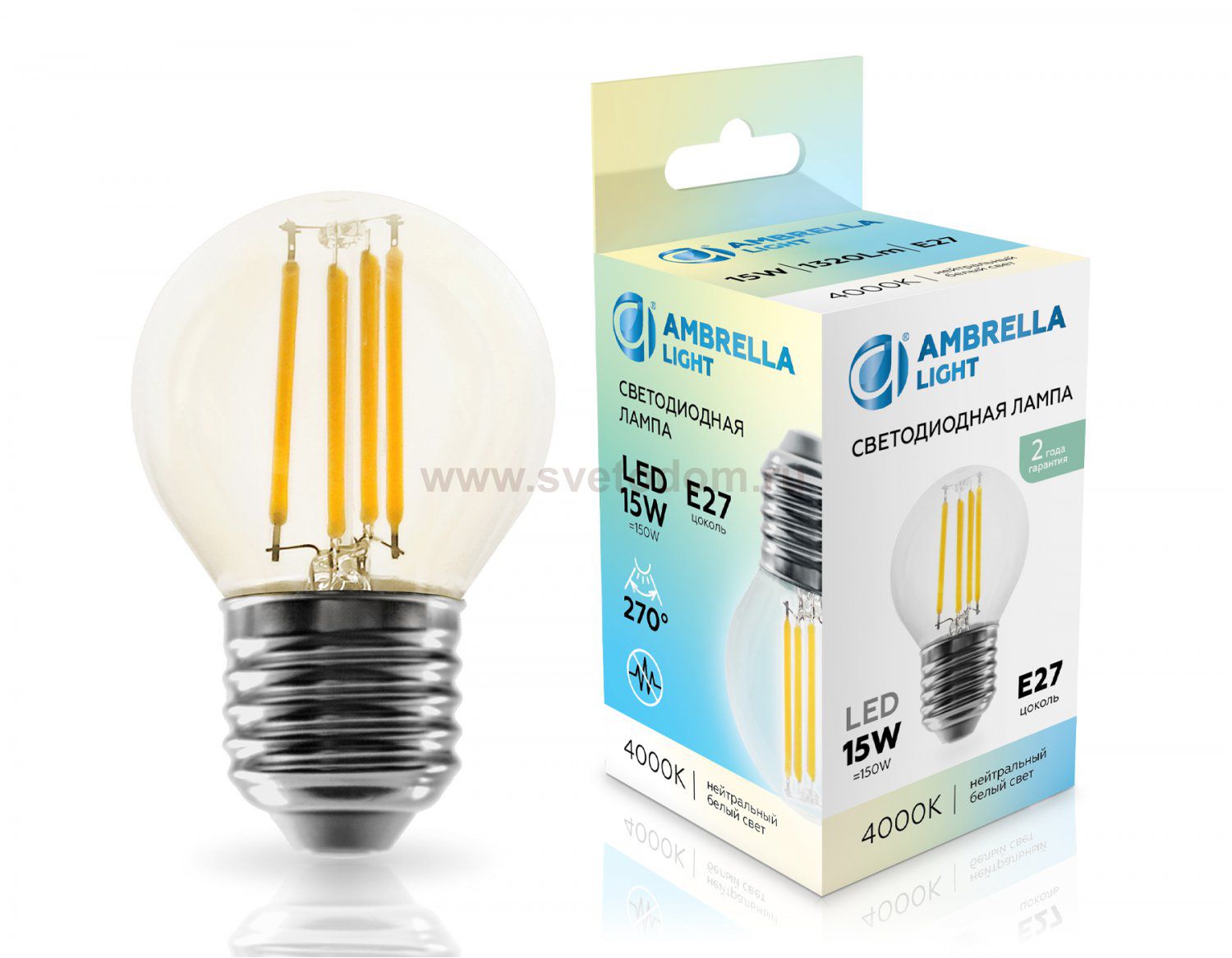 Лампа светодиодная Шар G45 15W 4000K Ambrella 451524 Filament LED G45 15W E27 4000K 220-240V