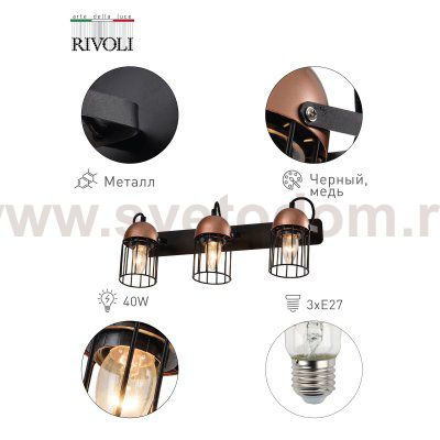 Светильник настенно-потолочный спот Rivoli Anemon 5062-703 поворотный 3 х E27 40 Вт лофт - кантри