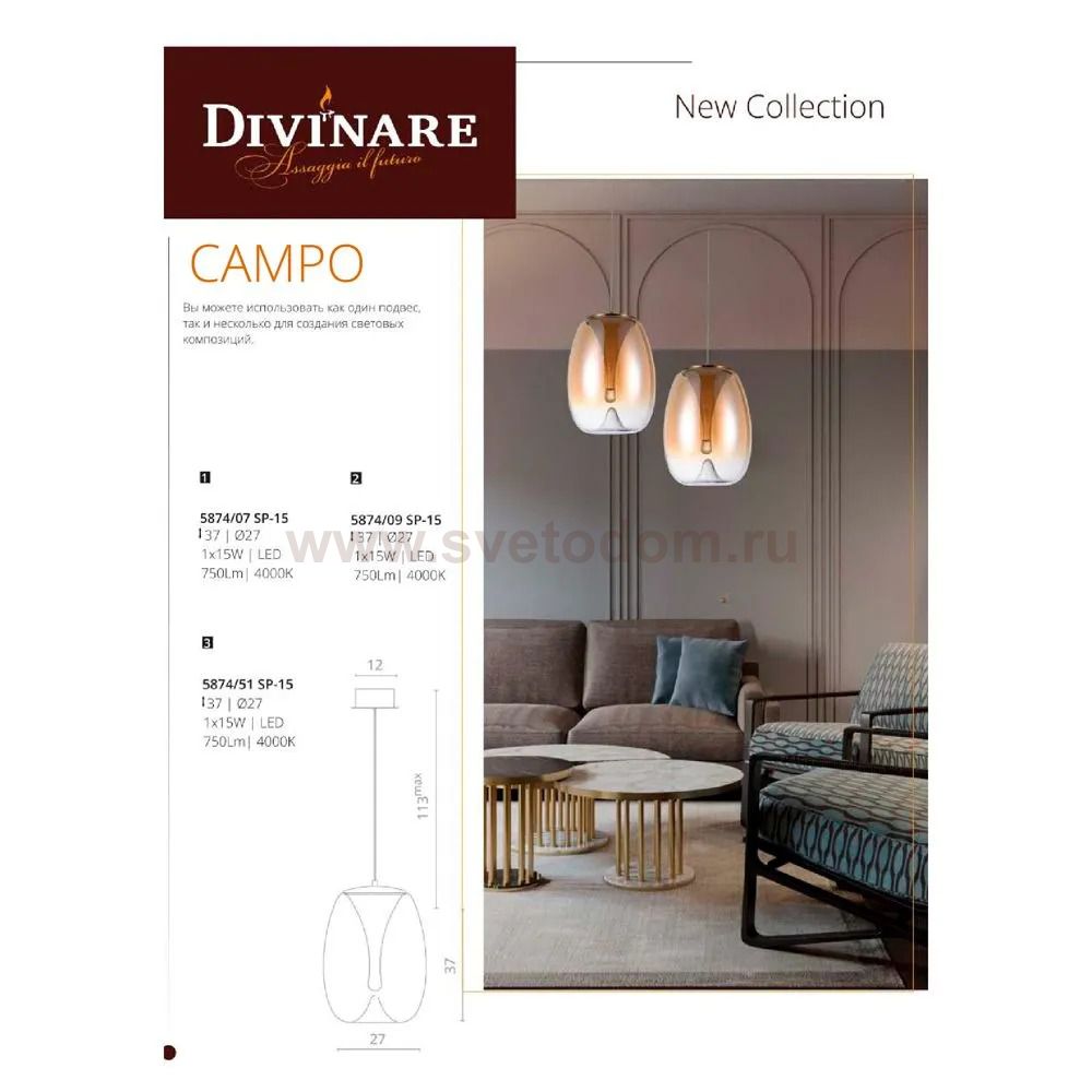 Светильник подвесной Divinare 5874/09 SP-15 CAMPO