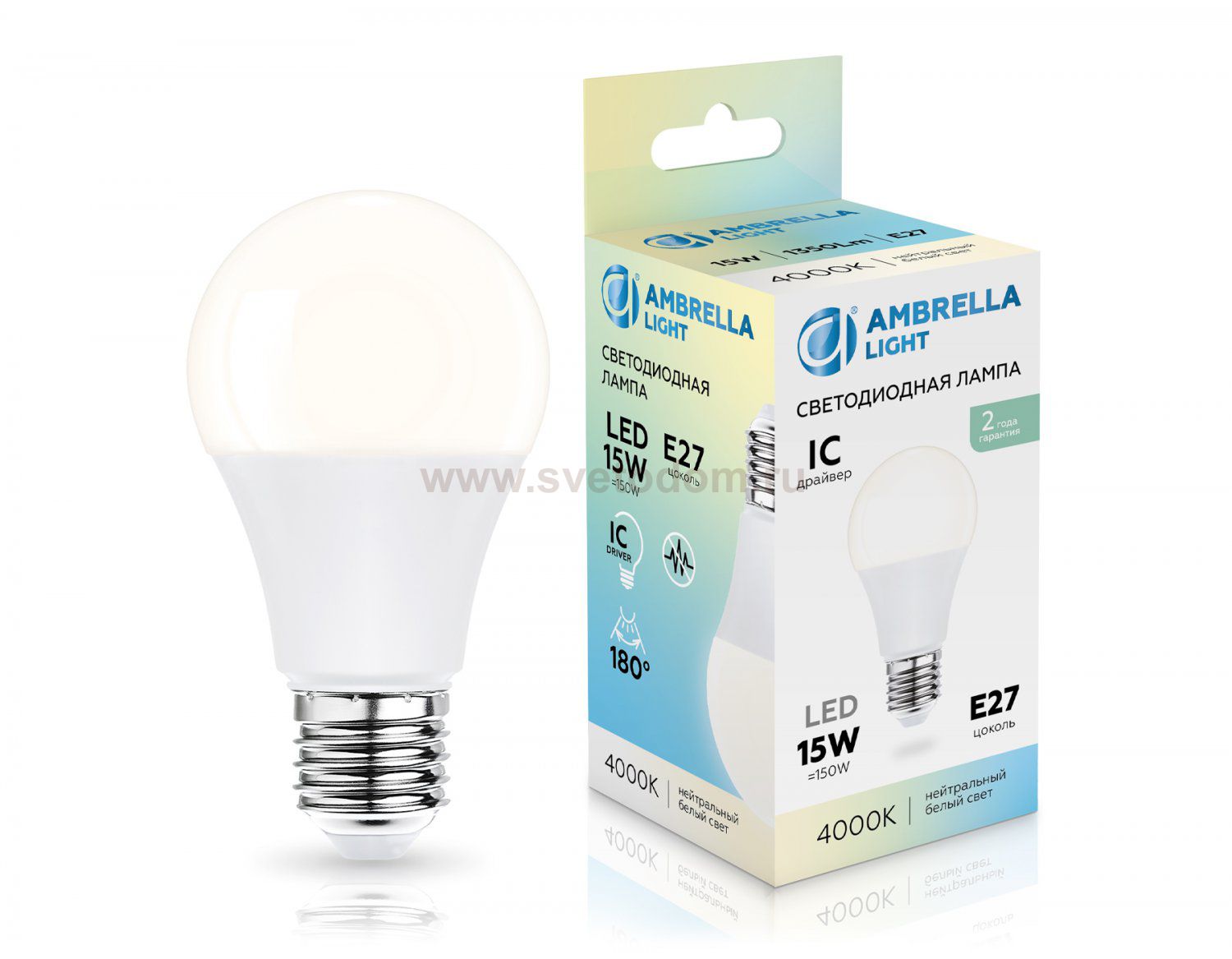 Лампа светодиодная Лон A60 15W 4000K Ambrella 601504 LED A60 15W IC E27 4000K 175-265V