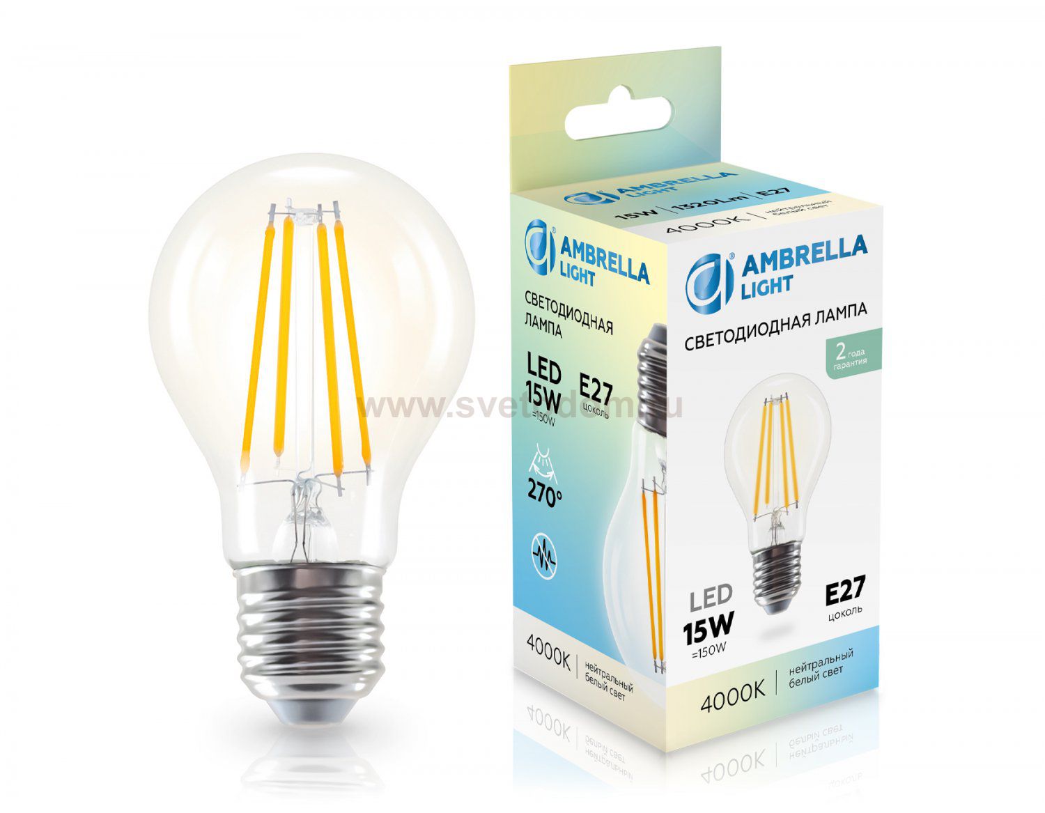 Лампа светодиодная Лон A60 15W 4000K Ambrella 601514 Filament LED A60 15W E27 4000K 220-240V