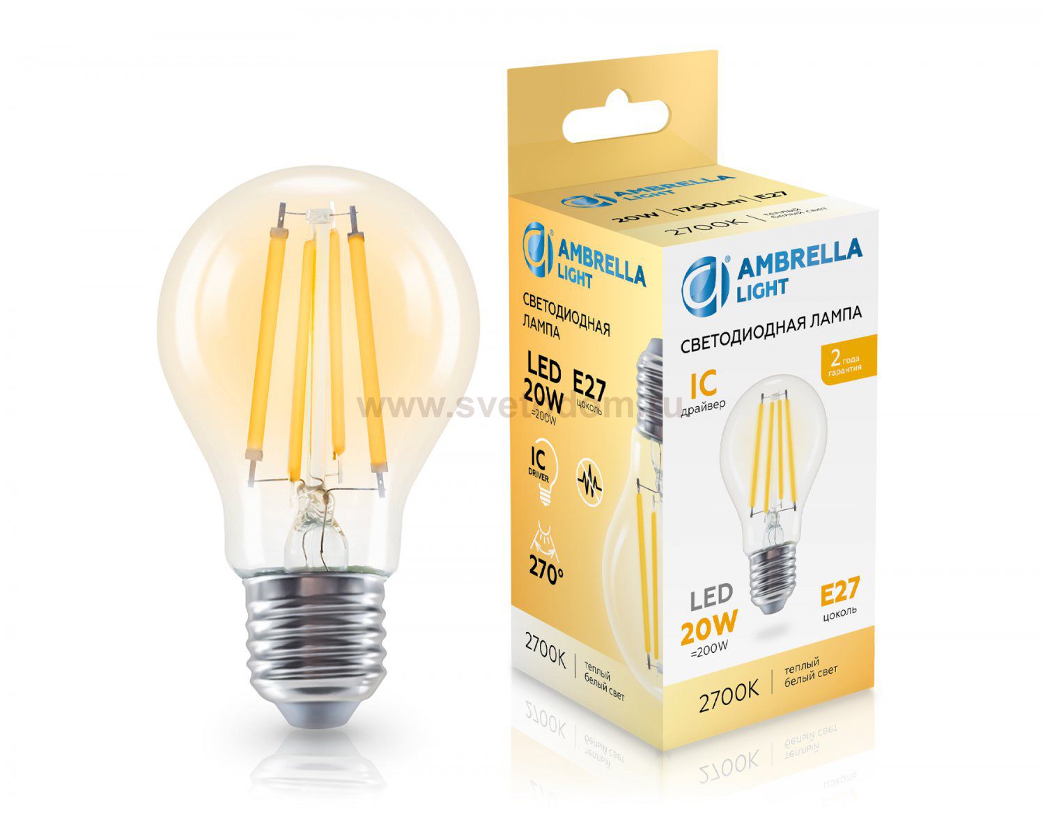 Лампа светодиодная Лон A60 20W 2700K Ambrella 602013 Filament LED A60 20W IC E27 2700K 220-240V