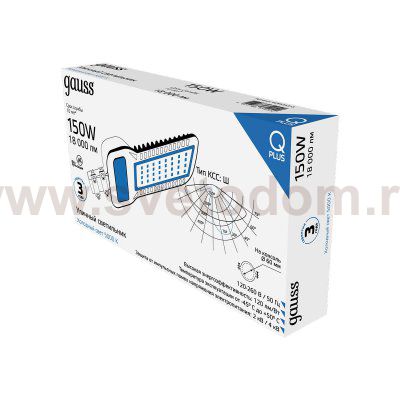 Светильник уличный Gauss Qplus 150W 18000lm 5000K 120-260V IP65 535*260*64мм черный КСС 