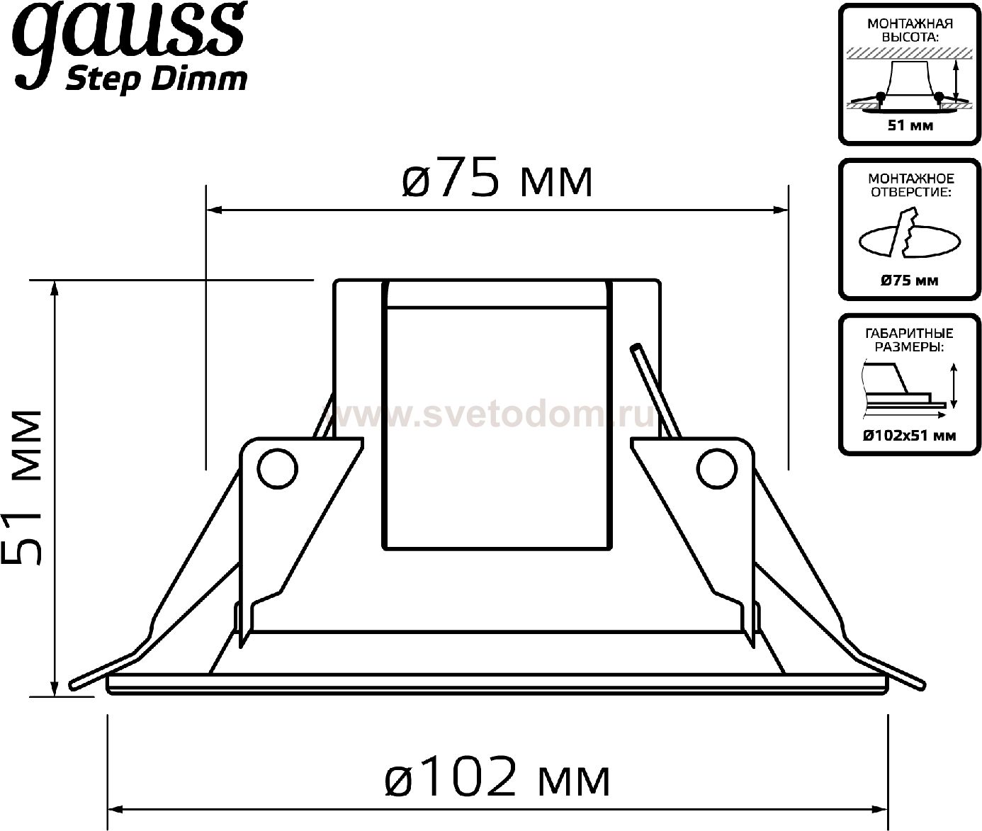 Светильники Gauss Кругл. Белый 9W,126x126x54, ?95мм, 4000K, 740 Lm, с функцией шагового диммирования 100-50-15% (927420209)