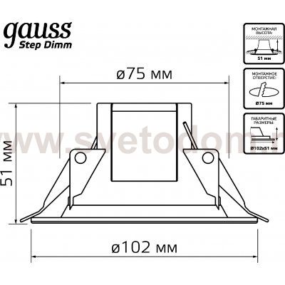 Светильники Gauss Кругл. Белый 9W,126x126x54, ?95мм, 4000K, 740 Lm, с функцией шагового диммирования 100-50-15% (927420209)