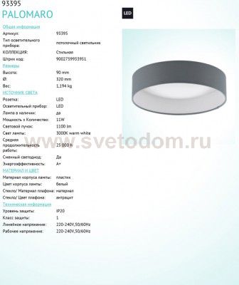 Настенно-потолочный светильник Eglo 93395 PALOMARO 320мм антрацит